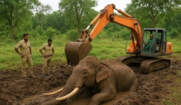 В Индии для спасения слона использовали экскаватор