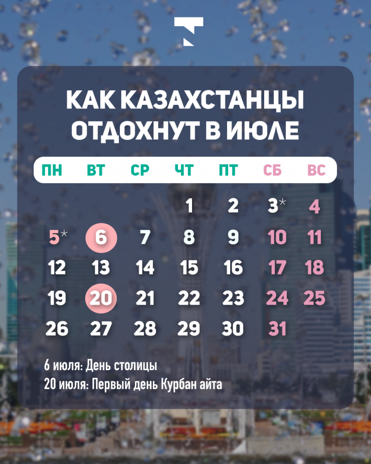 Сколько дней казахстанцы отдохнут в июле